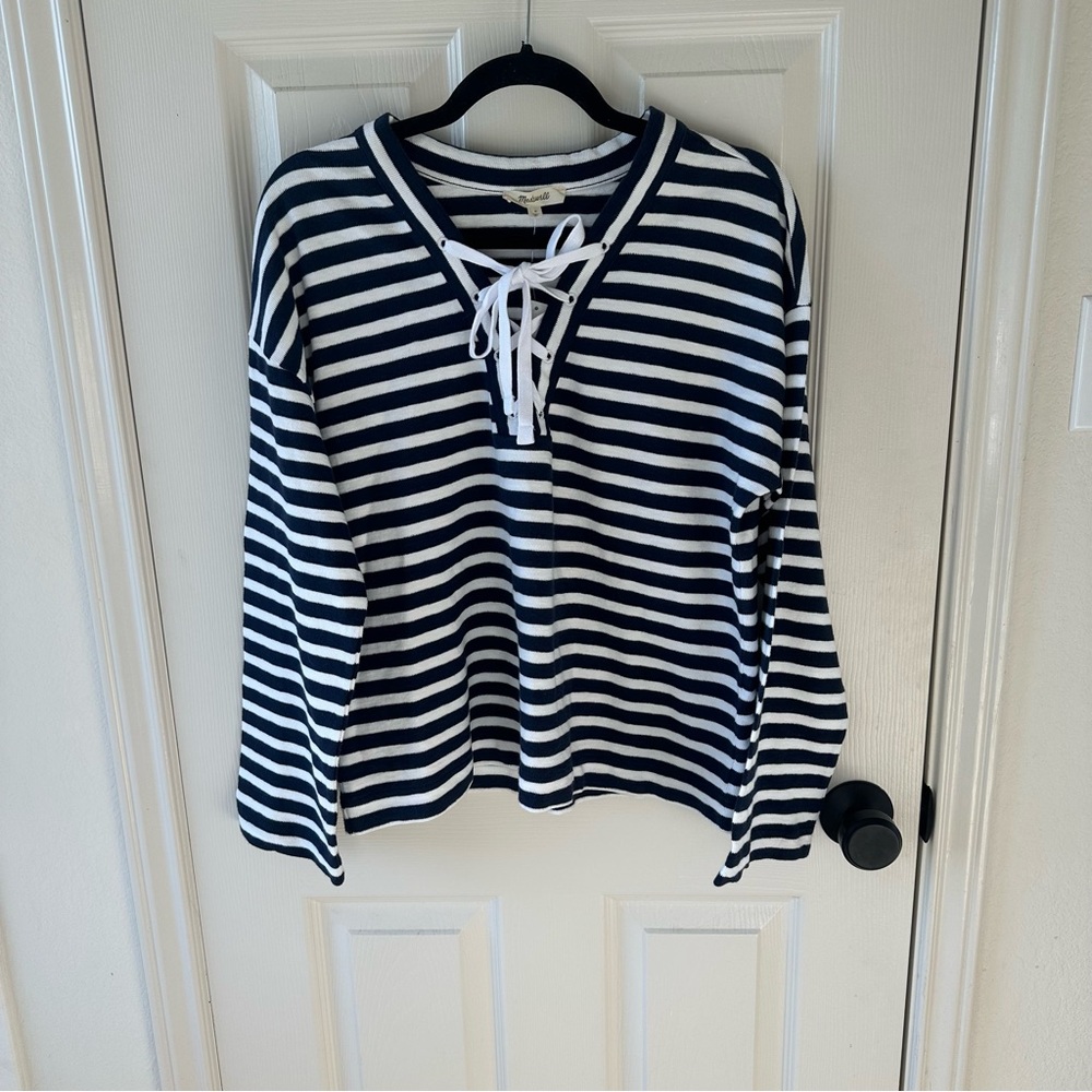 Striped Navy and White Lace-Up Top